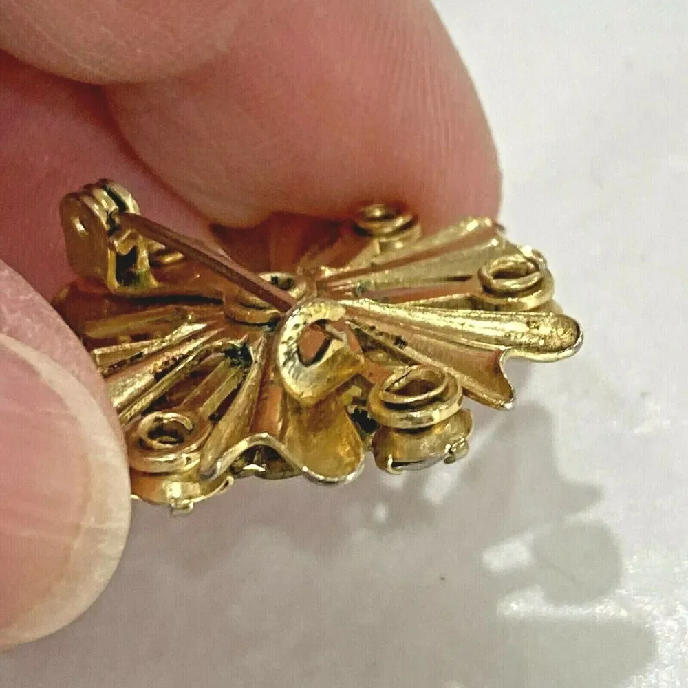 Vintage Mid Century Brooch Gold Tone White Rhinestones & Floral Guilloche Enamel